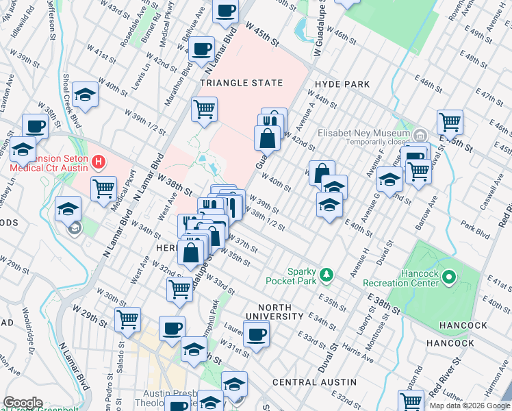 map of restaurants, bars, coffee shops, grocery stores, and more near 415 West 39th Street in Austin