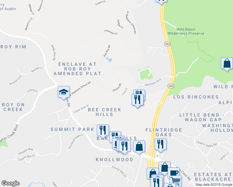 map of restaurants, bars, coffee shops, grocery stores, and more near 11 Ehrlich Road in Austin