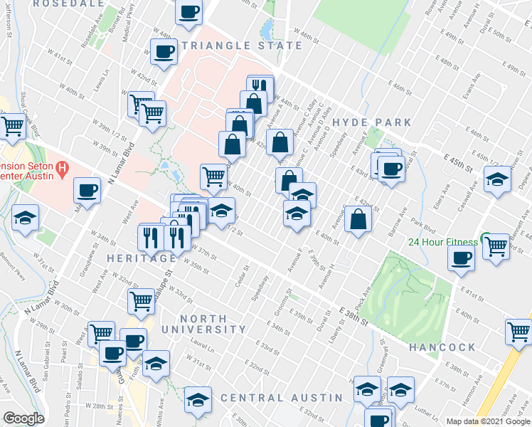 map of restaurants, bars, coffee shops, grocery stores, and more near 3911 Avenue C in Austin