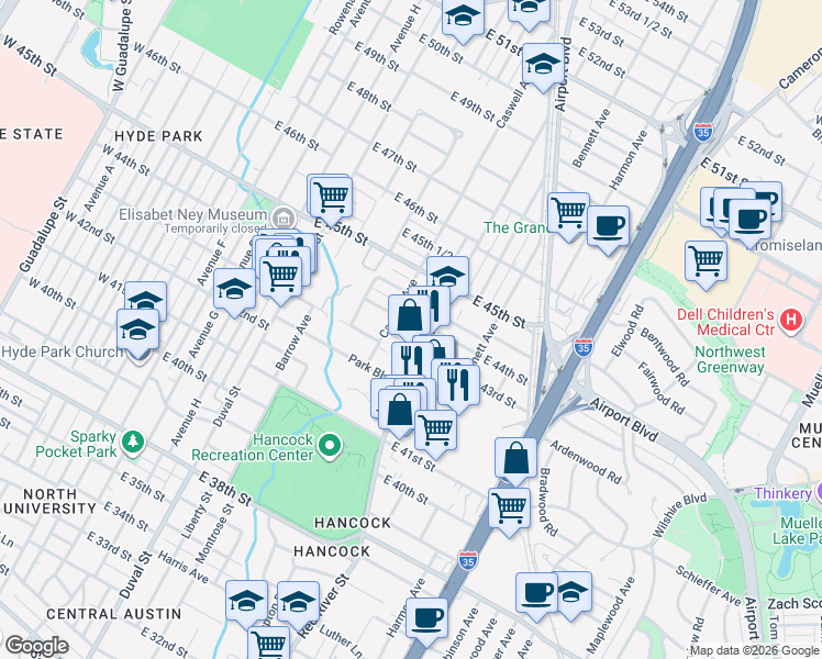 map of restaurants, bars, coffee shops, grocery stores, and more near 4305 Caswell Avenue in Austin