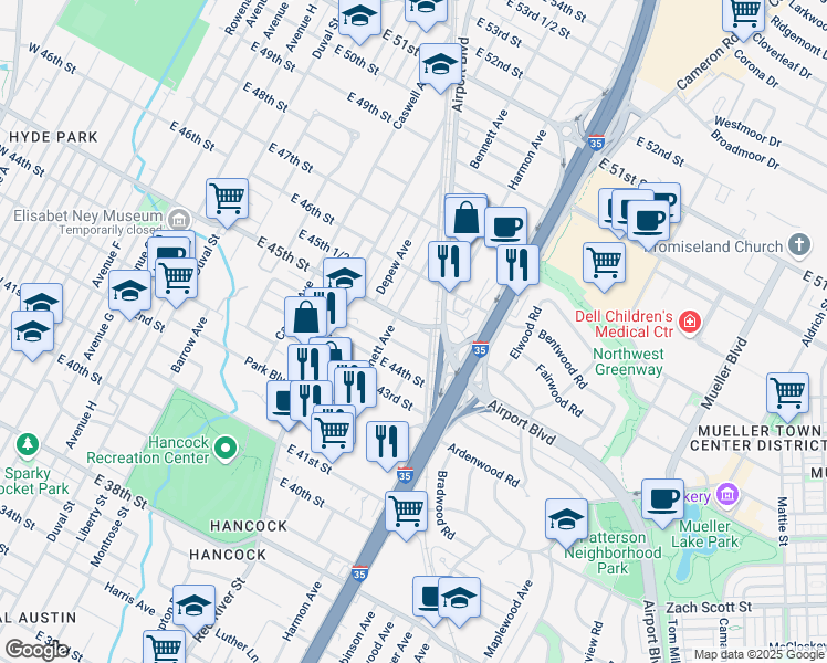 map of restaurants, bars, coffee shops, grocery stores, and more near 1018 Ellingson Lane in Austin