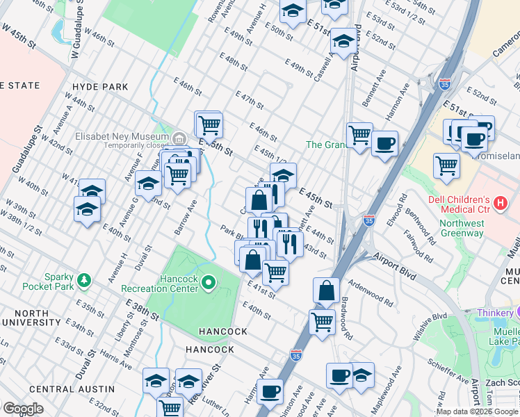 map of restaurants, bars, coffee shops, grocery stores, and more near 4305 Caswell Avenue in Austin