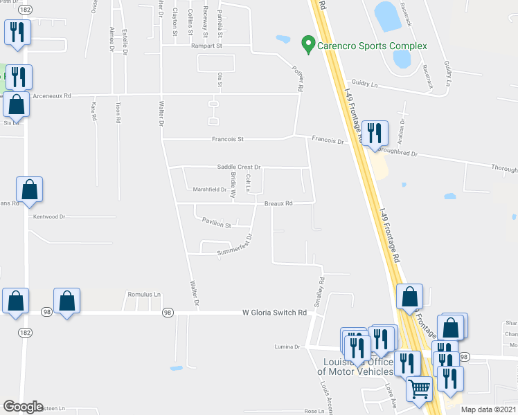 map of restaurants, bars, coffee shops, grocery stores, and more near 512 Summerfest Drive in Lafayette