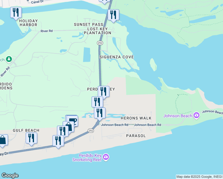 map of restaurants, bars, coffee shops, grocery stores, and more near 13550 Perdido Key Drive in Pensacola