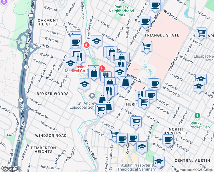 map of restaurants, bars, coffee shops, grocery stores, and more near 1101 West 34th Street in Austin