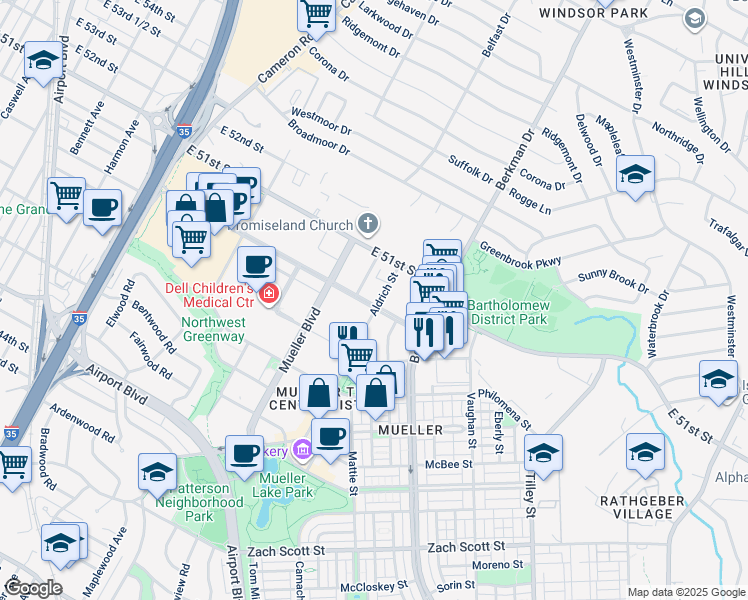 map of restaurants, bars, coffee shops, grocery stores, and more near 2604 Aldrich Street in Austin