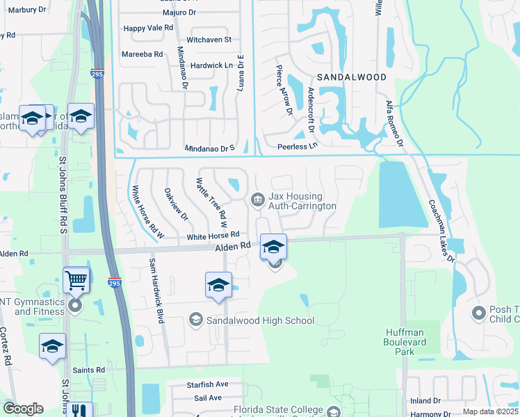 map of restaurants, bars, coffee shops, grocery stores, and more near 2533 White Horse Road East in Jacksonville