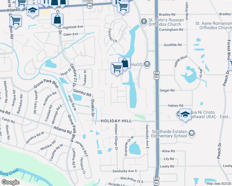 map of restaurants, bars, coffee shops, grocery stores, and more near 8856 Grassy Bluff Drive in Jacksonville