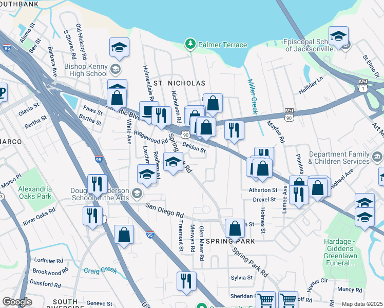 map of restaurants, bars, coffee shops, grocery stores, and more near 2179 Spring Park Road in Jacksonville