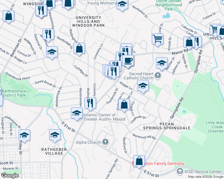 map of restaurants, bars, coffee shops, grocery stores, and more near 5601 Overbrook Drive in Austin