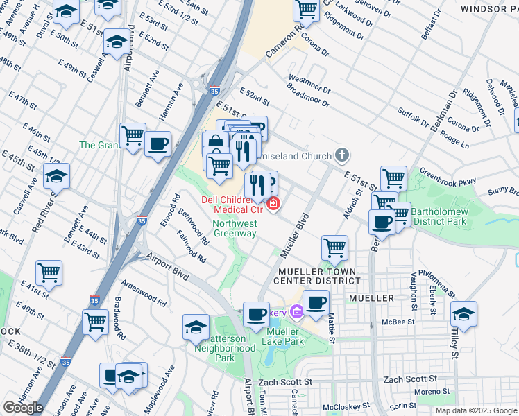 map of restaurants, bars, coffee shops, grocery stores, and more near 4900 Mueller Boulevard in Austin