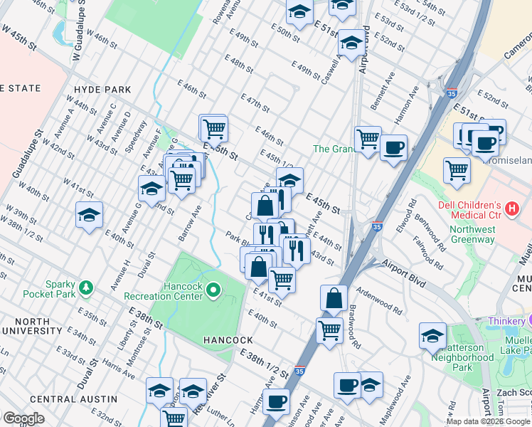 map of restaurants, bars, coffee shops, grocery stores, and more near 4305 Caswell Avenue in Austin