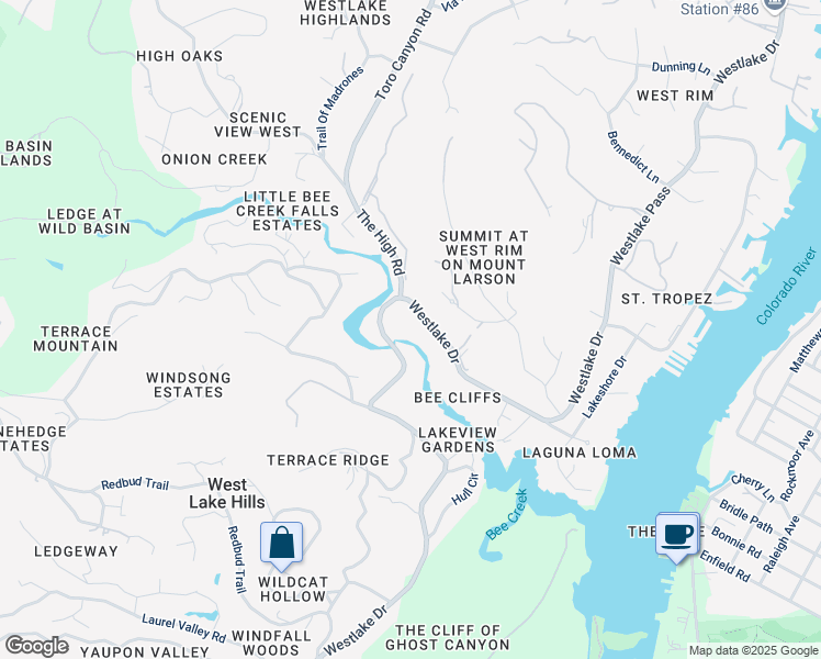 map of restaurants, bars, coffee shops, grocery stores, and more near 1801 Westlake Drive in West Lake Hills