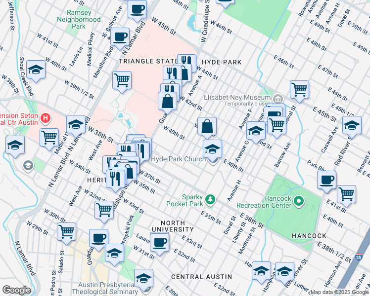 map of restaurants, bars, coffee shops, grocery stores, and more near 3908 Avenue C in Austin