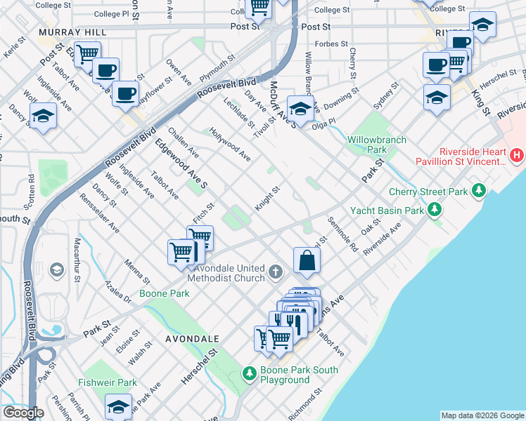 map of restaurants, bars, coffee shops, grocery stores, and more near 1475 Edgewood Circle in Jacksonville