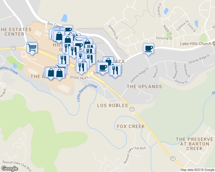 map of restaurants, bars, coffee shops, grocery stores, and more near 12533 Highway 71 in Bee Cave