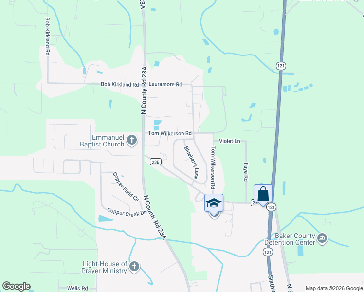 map of restaurants, bars, coffee shops, grocery stores, and more near 11796 Blueberry Lane in Macclenny
