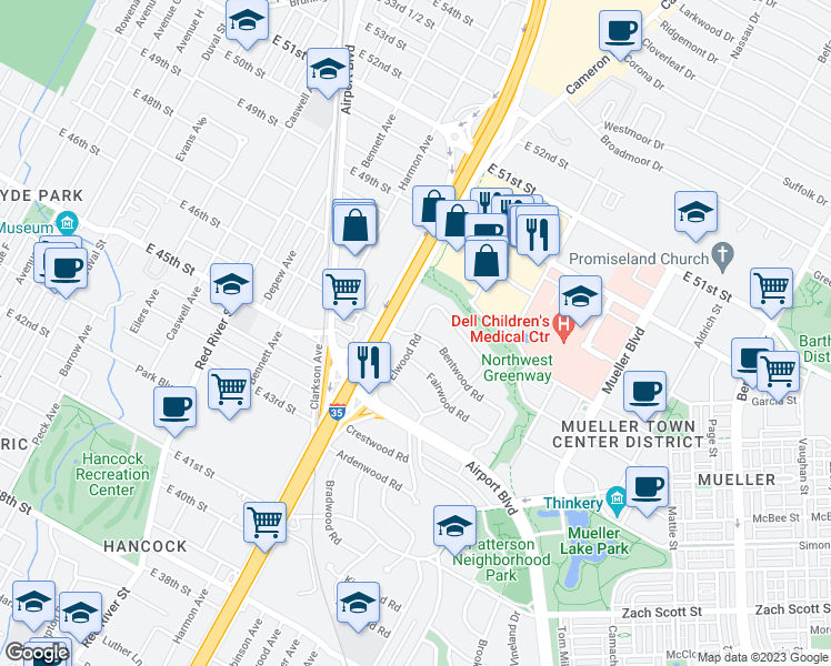 map of restaurants, bars, coffee shops, grocery stores, and more near Bentwood Road & Elwood Road in Austin