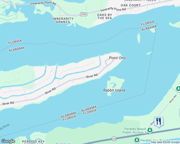 map of restaurants, bars, coffee shops, grocery stores, and more near 32801-302351 River Road in Orange Beach
