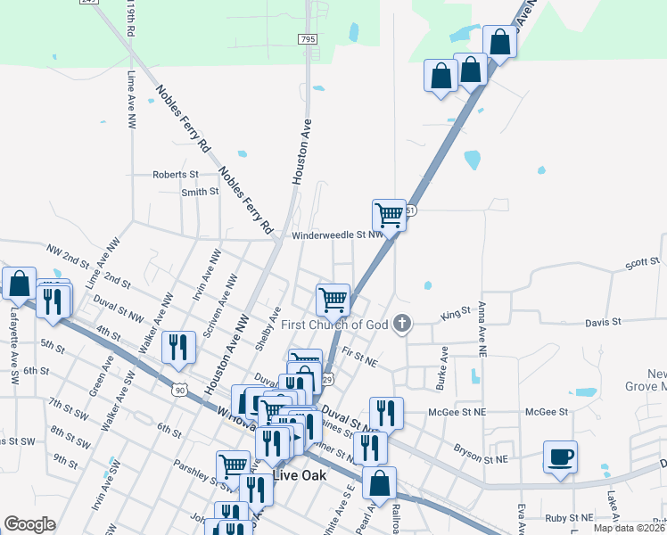 map of restaurants, bars, coffee shops, grocery stores, and more near 600-622 Rogers Avenue Northwest in Live Oak