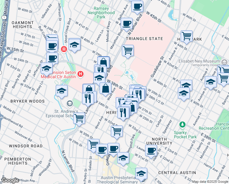 map of restaurants, bars, coffee shops, grocery stores, and more near in Austin
