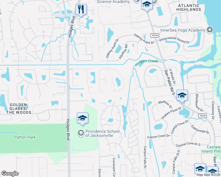 map of restaurants, bars, coffee shops, grocery stores, and more near 13416 Foxhaven Drive South in Jacksonville