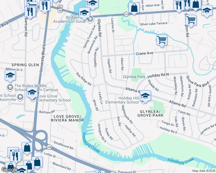 map of restaurants, bars, coffee shops, grocery stores, and more near 732 Glynlea Road in Jacksonville