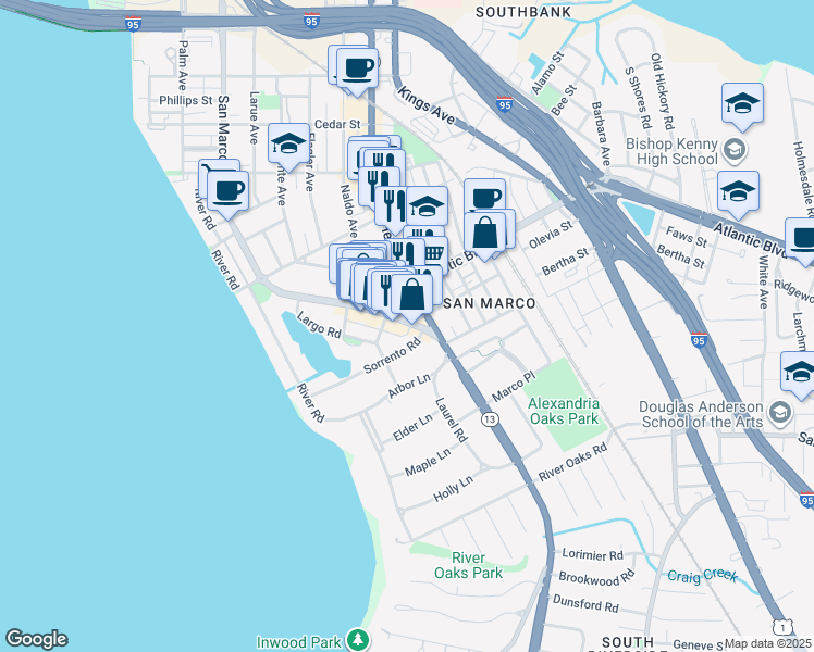 map of restaurants, bars, coffee shops, grocery stores, and more near 1021 Sorrento Road in Jacksonville