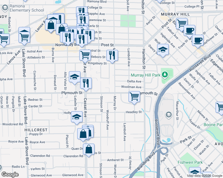 map of restaurants, bars, coffee shops, grocery stores, and more near 4722 Plymouth Street in Jacksonville