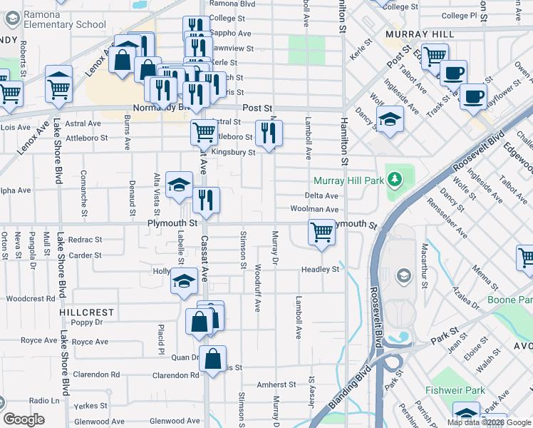 map of restaurants, bars, coffee shops, grocery stores, and more near 4722 Plymouth Street in Jacksonville