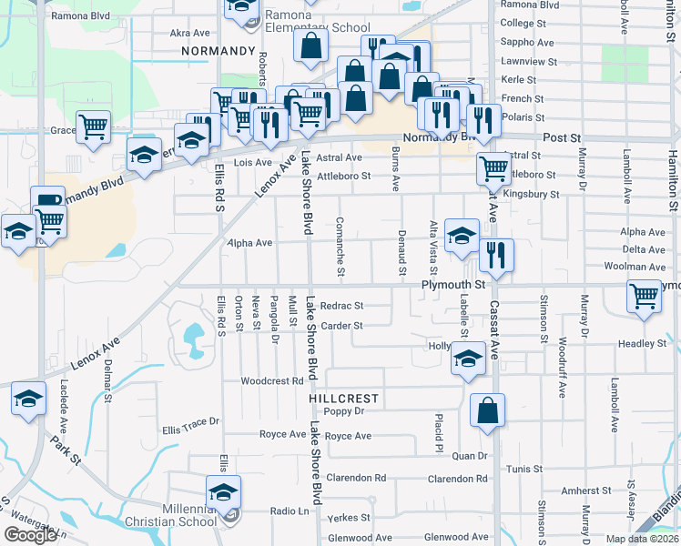 map of restaurants, bars, coffee shops, grocery stores, and more near 5338 Plymouth Street in Jacksonville