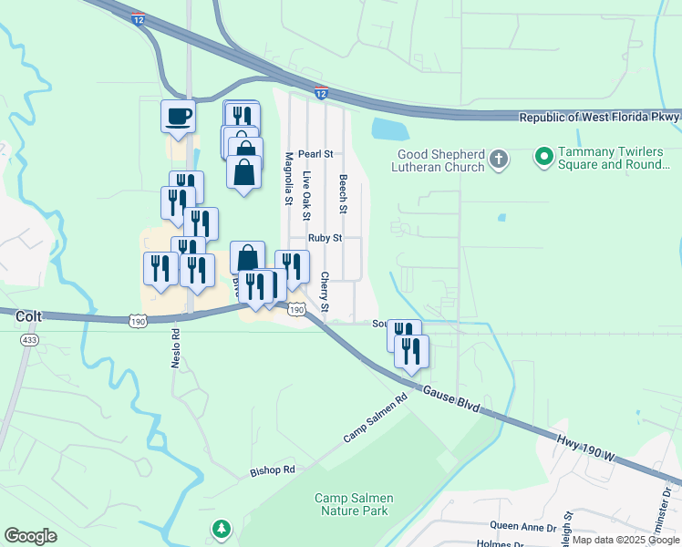 map of restaurants, bars, coffee shops, grocery stores, and more near 104-106 Emerald Street in Slidell