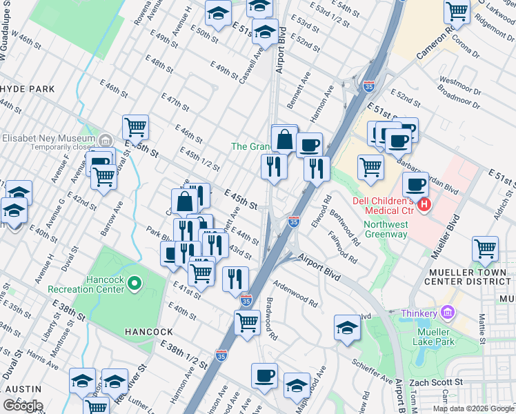 map of restaurants, bars, coffee shops, grocery stores, and more near 1018 Ellingson Lane in Austin