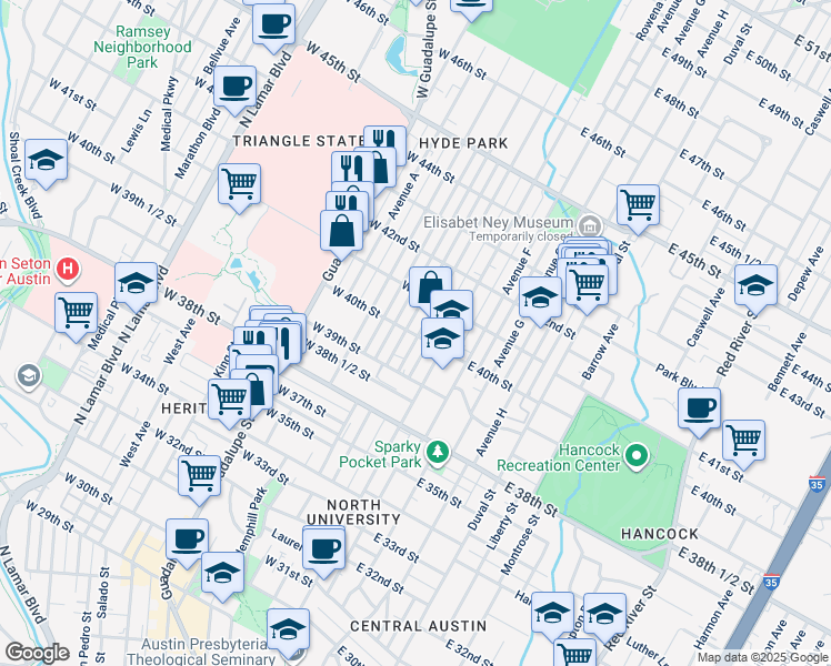 map of restaurants, bars, coffee shops, grocery stores, and more near 4001 Speedway in Austin