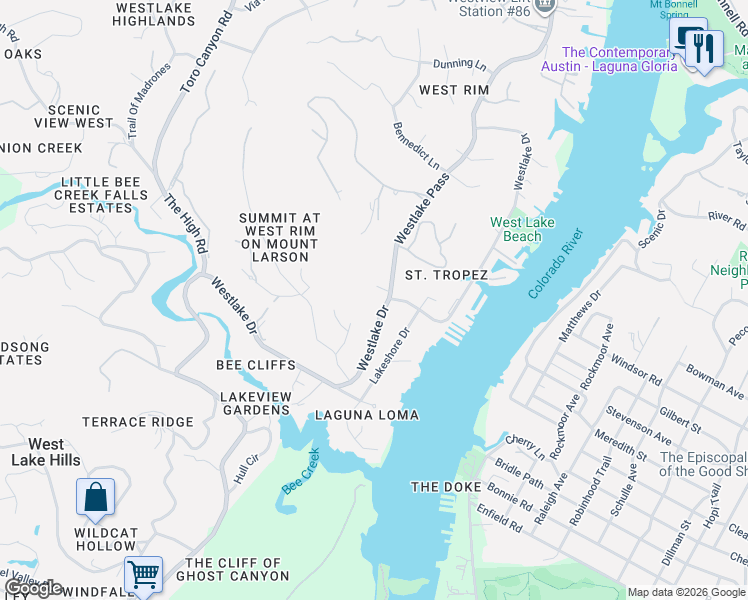 map of restaurants, bars, coffee shops, grocery stores, and more near 2100 Westlake Drive in Austin