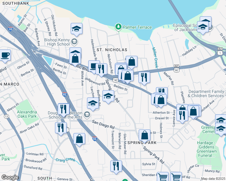 map of restaurants, bars, coffee shops, grocery stores, and more near 3005 Walton Street in Jacksonville