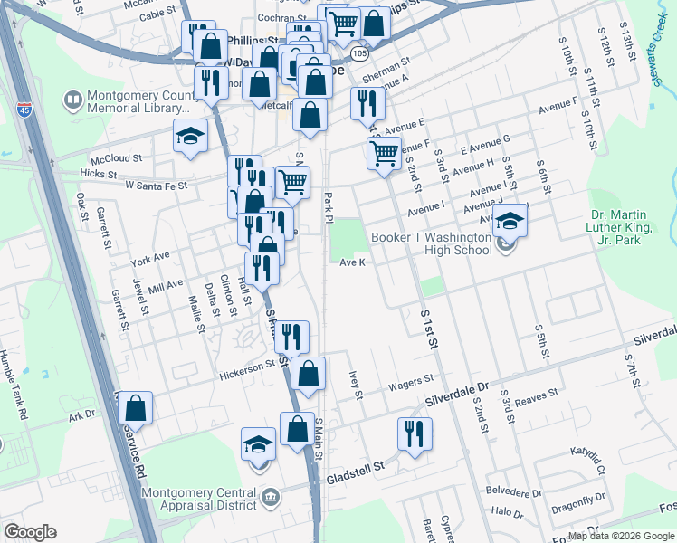 map of restaurants, bars, coffee shops, grocery stores, and more near 516 South Main Street in Conroe