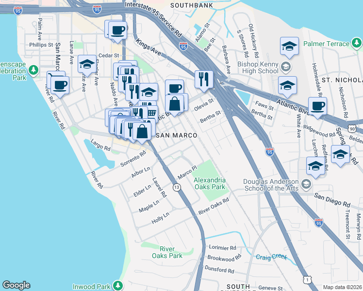 map of restaurants, bars, coffee shops, grocery stores, and more near 1586 Alexandria Place North in Jacksonville