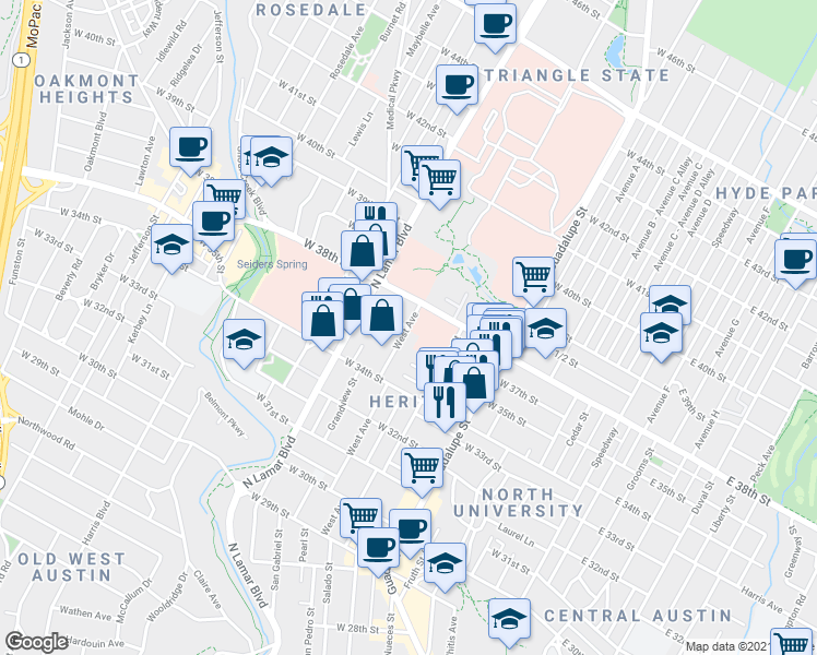 map of restaurants, bars, coffee shops, grocery stores, and more near West Ave & W 37th St in Austin