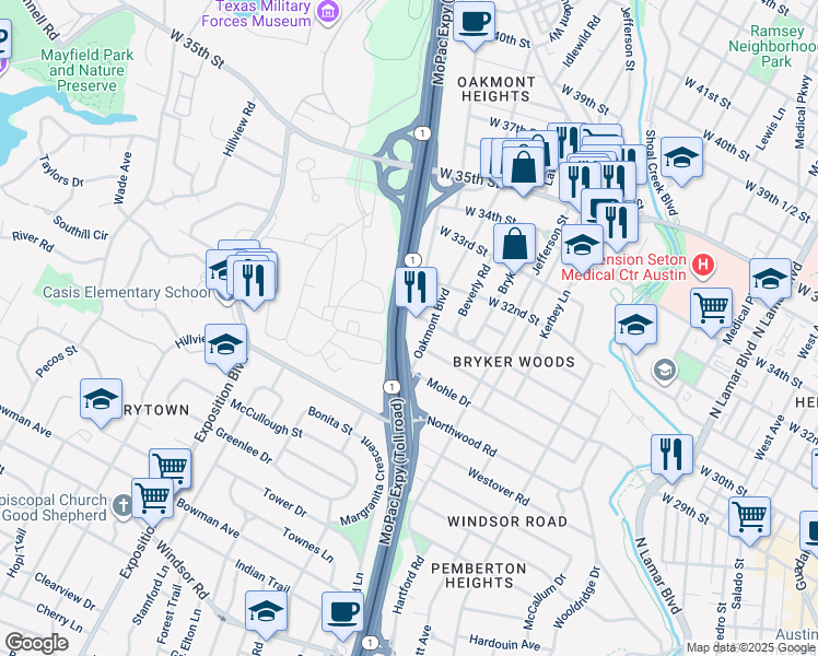 map of restaurants, bars, coffee shops, grocery stores, and more near 1909 West 30th Street in Austin