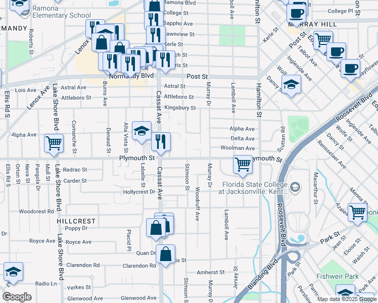 map of restaurants, bars, coffee shops, grocery stores, and more near 1175 Woodruff Avenue in Jacksonville