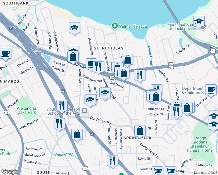 map of restaurants, bars, coffee shops, grocery stores, and more near 3005 Walton Street in Jacksonville