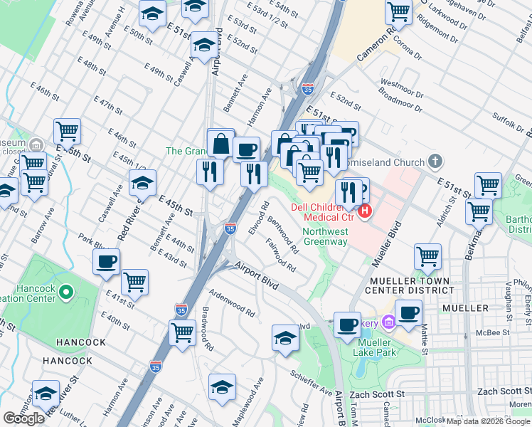 map of restaurants, bars, coffee shops, grocery stores, and more near 4510 Elwood Road in Austin