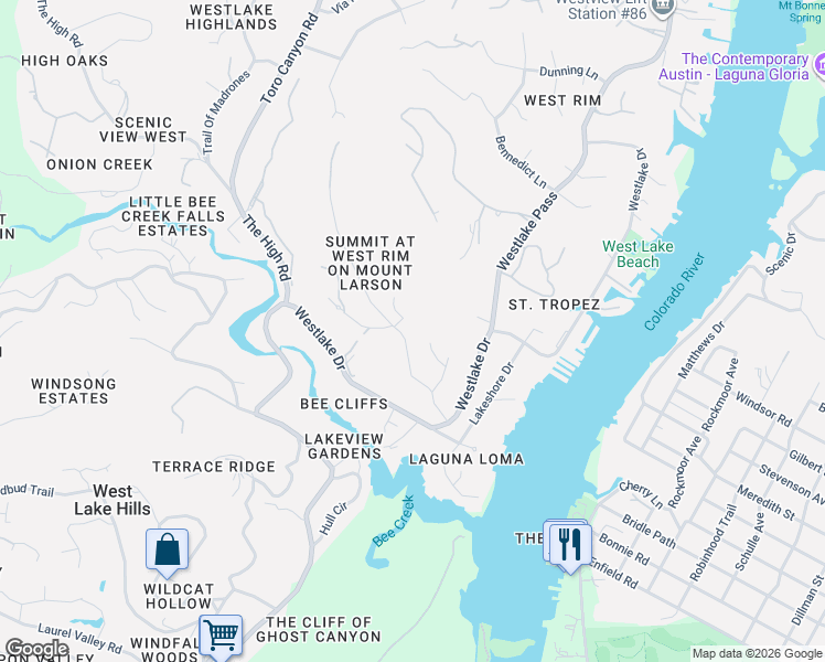 map of restaurants, bars, coffee shops, grocery stores, and more near 1425 Mount Larson Road in Austin