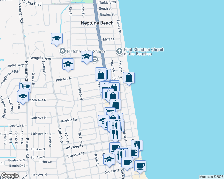 map of restaurants, bars, coffee shops, grocery stores, and more near 3855 Regent Blvd in Jacksonville