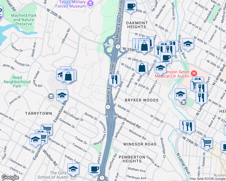 map of restaurants, bars, coffee shops, grocery stores, and more near 1909 West 30th Street in Austin