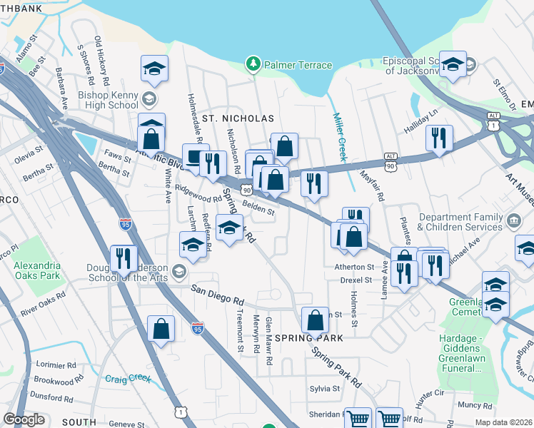 map of restaurants, bars, coffee shops, grocery stores, and more near 3136 Belden Street in Jacksonville
