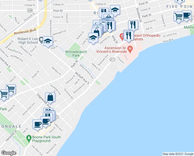 map of restaurants, bars, coffee shops, grocery stores, and more near St Johns Ave & Willow Branch Terrace in Jacksonville