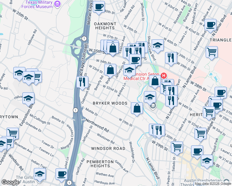 map of restaurants, bars, coffee shops, grocery stores, and more near in Austin