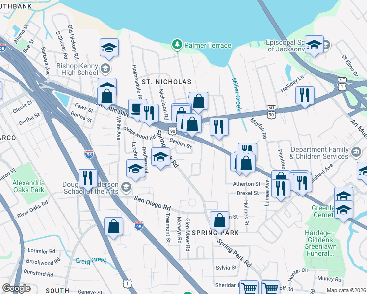 map of restaurants, bars, coffee shops, grocery stores, and more near 3160 Belden Circle in Jacksonville